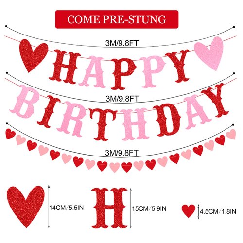 PTFNY Glitter Happy Birthday Banner for Valentine's Day Red Pink Glittery Valentines Day Happy Birthday Garland Banner and Heart Garland Valentines Themed Birthday Party Decorations for Wall