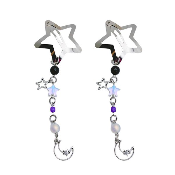 Star Metal Snap Hair Clips - 2Pcs Silver Y2K Star Clips with Metal Star and Moon Chain Tail Cute Hair Clips Star Hair Barrettes Y2K Hair Accessories for Women Girls Hair Styling Gifts