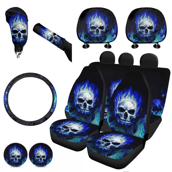 FKELYI Cool Fire Skull Design Blue Seat Covers Set Car Interior Seat Protector,Absorbent Cup Holder Pads,Steering Wheel Cover,Gear Shift Cover,Handbrake Cover,Headrest Covers