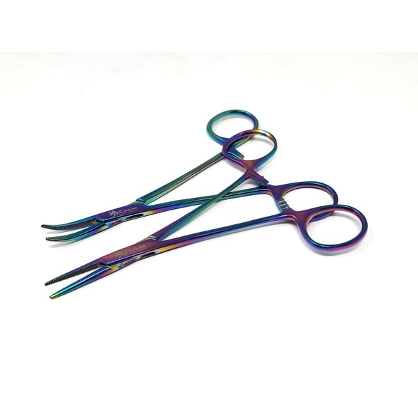 Set of 2 Multi Color Rainbow Mosquito Hemostat Forceps 5" Straight & Curved Pliers Stainless Steel (A2ZSCILAB Brand)