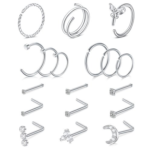 JFORYOU 20G Nose Rings Hoops Studs Surgical Steel Nose Ring Screw L Shaped Nose Studs Cartilage Earrings Septum Tragus Piercing Jewelry for Women Men, 18Pcs Silver