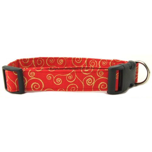 Red Gold Metallic Scrolls Dog Collar with Quick Release Buckle (Medium).