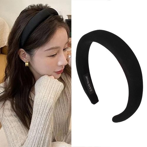 Black Padded Hairband Headbands for Women Solid Wide Simple Headband for Girls Plain Soft Satin Hair Band Hoop No Teeth Thick Head Bands Hoops for Teen Girls Hair Accessories for Women Girls