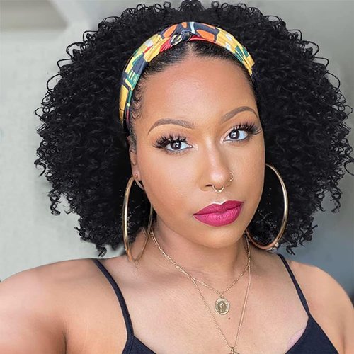FBKDFCZS Kinky Curly Headband Wig Short Afro Kinky Curly Wigs for Black Women Synthetic Deep Wave Glueless Wigs with Headband Attached Black Curly Headband Wig Black Women Scarf Wig