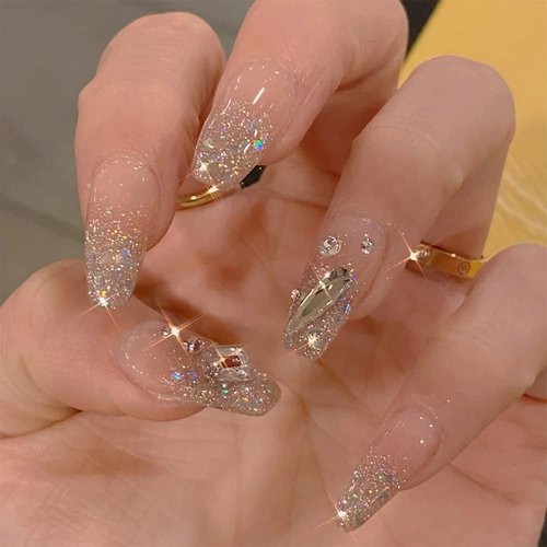 24Pcs Medium, 3D Rhinestones Coffin Fake Nails with Designs, Glossy Ballerina Acrylic Nails Press on, Sparkly Glitter Artificial Glue on False Nails with Glue for Women Girls
