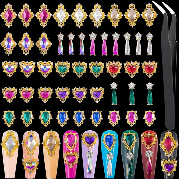 Nail Rhinestones 48Pcs Big Charms Silver 3D Crystals Iridescent AB Diamonds Gold Metal Frame for DIY Crafts Nail Art