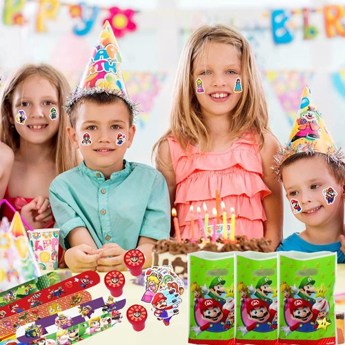 110 Pcs Mario Party Favors, Mario Birthday Decorations, Super Inspired Mario Birthday Party Supplies, Included Slap Bracelets, Plastic Mario Bags, Mario Stickers, Kids Stamps for Goodie Bag Stuffers