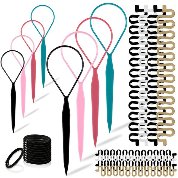 Topsy Hair Tail Tools Set,TsMADDTs Hair Braiding Set 8 pcs Topsy Tail Tools 8 pcs French Centipede Braiders for French Twist Plait Ponytail 10 pcs Black Hair Ties Bulk