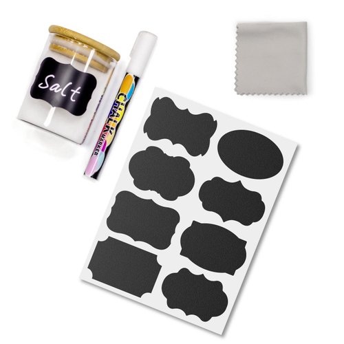 120 Chalkboard Labels Free Chalk Pen- Food or Spice Label for Bottles in Kitchen or Pantry- Multiform Black Labels for Food containers, Mason Jars, Storage Bins,Reusable Waterproof Removable Stickers