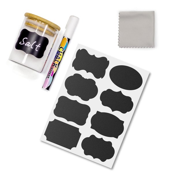 120 Chalkboard Labels Free Chalk Pen- Food or Spice Label for Bottles in Kitchen or Pantry- Multiform Black Labels for Food containers, Mason Jars, Storage Bins,Reusable Waterproof Removable Stickers