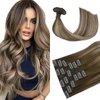 HUAYI Brown Ombre Clip in Hair Extensions Real Human Hair，Medium Brown Ombre to Caramel Blonde Balayage 120g 22 inch Highlights 100% Human Hair Full Head Silky Natural Straight Woman Beauty #4/27/4