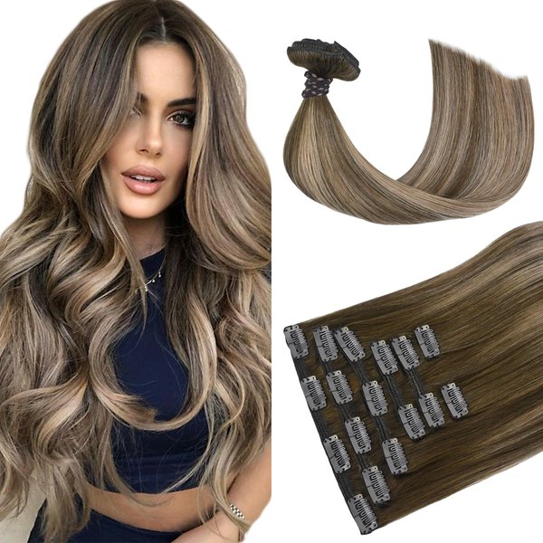 HUAYI Brown Ombre Clip in Hair Extensions Real Human Hair，Medium Brown Ombre to Caramel Blonde Balayage 120g 22 inch Highlights 100% Human Hair Full Head Silky Natural Straight Woman Beauty #4/27/4