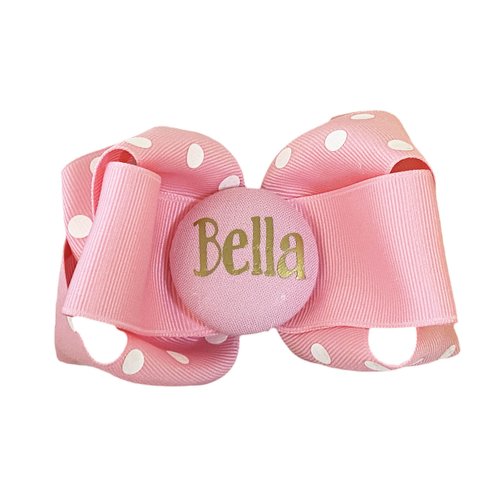 Personalized Hair Bow with Name, Pink Polka, Gold and White, Match School or Team Colors