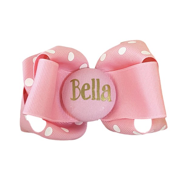 Personalized Hair Bow with Name, Pink Polka, Gold and White, Match School or Team Colors
