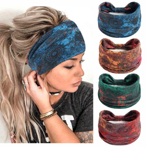 STGDAK Boho Headbands for Women,Retro Floral Pattern Hair Band,Non Slip Hair Band,Cotton Fabric Cloth Headbands,Fashion Elastic Head Turbans Yoga Sports Runnig Hair Accessories for Women Girls 4 Pack