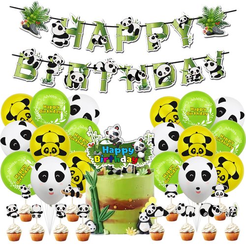 Cartoon Panda Birthday Party Supplies Including Panda Happy Birthday Banner, Cake Toppers, Cupcake Toppers, Balloons, Cute Panda Theme Party Set for Baby Shower Boys Girls Teens Party Decorations