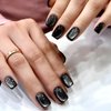 Short Press on Nails - Diowino Black Eye Cat Fake Nails 24pcs Dark Black Flash Glitter Short Acrylic Nails Glossy Solid with Glitter Designs False Nails Glue on Nails for Women Girls