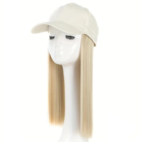 ASAYUMI Baseball Cap with Hair Extensions Hat Wig Adjustable Hat Attached Short Straight 18" Synthetic Hairpiece for Women Ash Blonde Mix Bleach Blonde