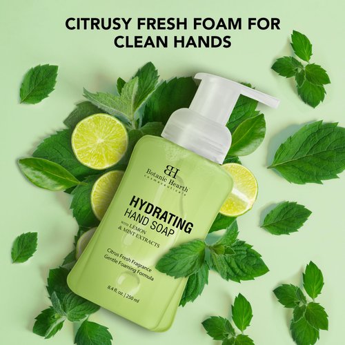 Botanic Hearth Advanced Care Hydrating Foaming Antibacterial Hand Soap with Castor Oil, Lemon Peel Extract & Peppermint | Gentle & Hydrating for Dry Hands | Liquid Handwash | 8.4 fl oz
