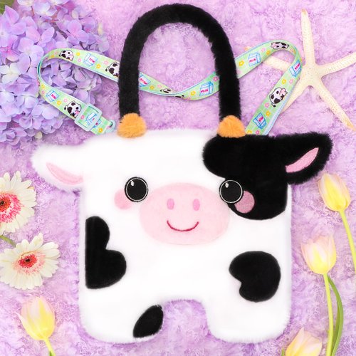 CatchCute Cow Plush Bag Kids Crossbody Bag for Kids, Plush Handbag Tote Bag with Adjustable Strap,Soft Plush Cow Stuffed Purse with Zipper,Coin Pouch Accessories for Toddlers Kids