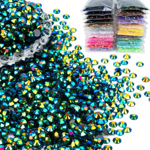 MUZOXEN 1200Pcs 6mm Resin Flatback Rhinestone Bulk, Bling AB Black Green Flat Back Round Jelly Rhinestones Non Hotfix Crystal Gems for DIY Manicure Nails Clothes Tumblers Crafts Decoration
