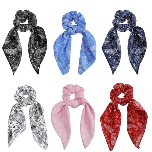 Cutewing Paisley Hair Scrunchie Scarf Bow Scrunchies Chiffon Bandana Scrunchies hair tie scarf Hair Ribbons Ponytail Holders Hair Scarves Hair Accessories for Women Girls with 6PCS