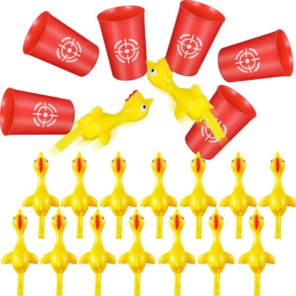 Chalyna 22 Pcs Rubber Chickens Slingshot Chicken Finger Toys Carnival Games Chicken Rubber Chicken Flick Chicken with 16 Rubber Chicken and 6 Dart Cups for Birthday Chicks Easter Party Favors