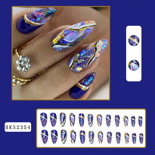 Tyuimhx 24Pcs Medium Press on Nails Almond Fake Nails Luxury False Nails With Amber Pattern Gold Glitter Line Designs Glossy Full Cover Stick on Nails Acrylic Artificial Nails Glue on Nails for Women