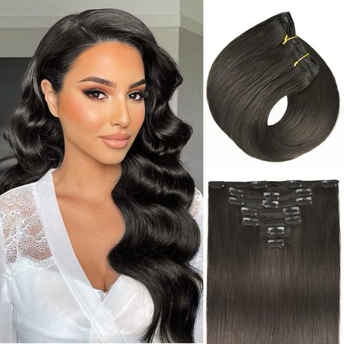LUCKU Clip in Hair Extensions Real Human Hair, 14 Inch 125g 7pcs Soft Dark Brown Hair Extensions Clip in Human Hair Clip in Extensions for Women