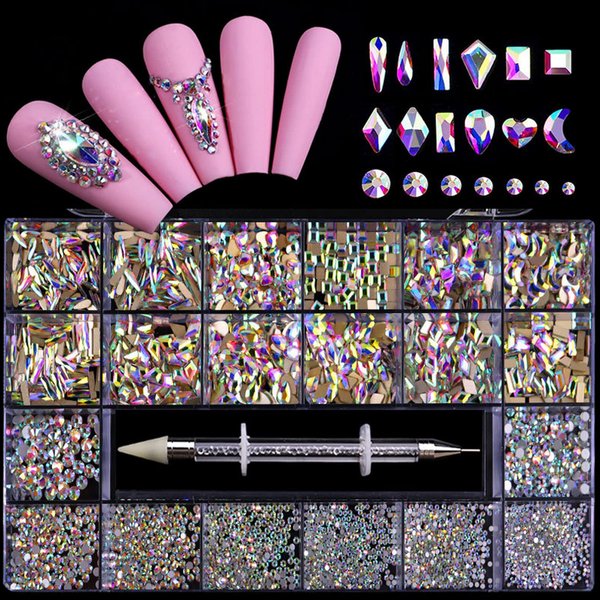 Nail Rhinestones Kit, Nail Art Decorations Flat AB Rhinestones Kit DIY Crafts Gemstones for Nail, Shoes, Clothes, Jewels (600 Iridescent Diamonds + 2500 Flat Rhinestones)