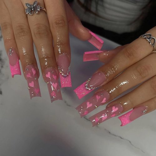 BABALAL Coffin Press on Nails Long Fake Nails Pink French Glue on Nails Shiny Rhinestone Acrylic Nails Heart Ballerina Stick on Nails 24Pcs Valentine's Day False Nails for Women and Girls