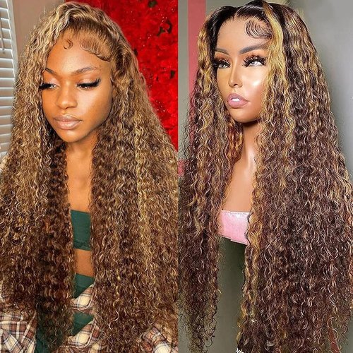 Fabimiya 5x5 Highlight P4/27 Brown Jerry Curly Lace Front Wigs Human Hair Dark Brown Jerry Curly Human Hair Wig 200% Density Brown Jerry Curly HD Lace Front Wigs Human Hair, 22 Inch