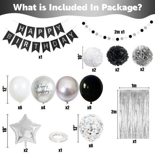 Black and Silver Birthday Party Decorations, Black White Silver Balloons Birthday Decoration Black Happy Bithday Banner Star Foil Balloon Silver Fringe Curtain Pompom for Women Men Birthday Supplies