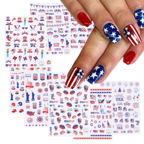 8 Sheets 4th of July Nail Art Stickers American Independence Day Nail Decal Nail Art Decoration Supplies with Flag Star Heart Shape Design 3D Self-Adhesive Nail Sticker for Women Girls