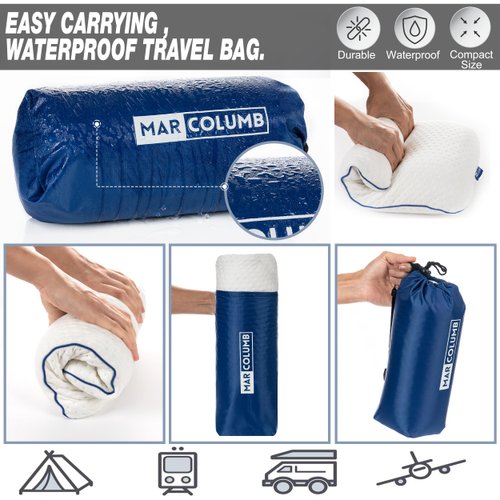 Marcolumb Travel & Camping Comfortable Memory Foam Pillow – Easy to Carry Portable Bag – Temperature Regulating Pillow Case - Perfect for Travelling (White)