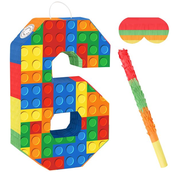 Lemicin Number Building Blocks Decor for Pinata Birthday Party Supplies, Girls Boys Fiesta Carnival Games with Stick & Blindfold (Number 6)