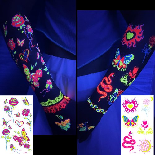 Glow In The Dark Party Supplies -182 Styles Neon Body Paint Accessories Blacklight Temporary Tattoo For Kids Fluorescent Face Fake tattoos Fiesta Rave Festival Decorations,20Sheet - TATUWST