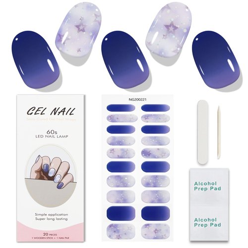 JMEOWIO Semi Cured Gel Nail Strips Purple Glitter Star Gel Nail Stickers Nail Supplies Nail Art Design Decoration Accessories