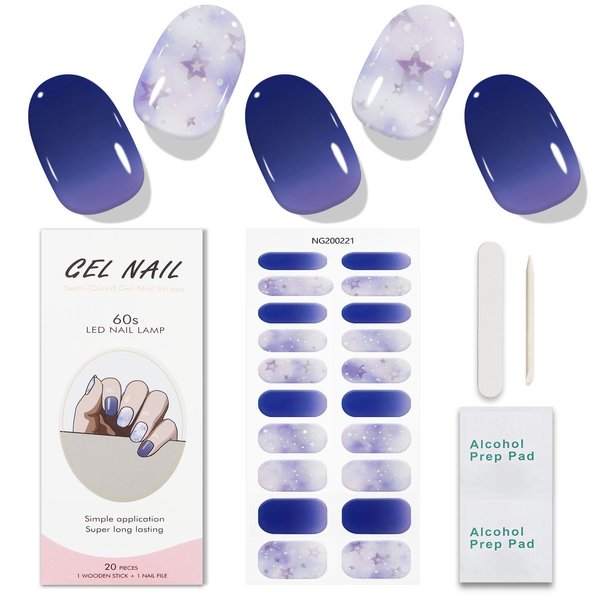 JMEOWIO Semi Cured Gel Nail Strips Purple Glitter Star Gel Nail Stickers Nail Supplies Nail Art Design Decoration Accessories