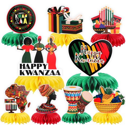 HOWAF 9 pcs Kwanzaa Table Centerpiece Decorations, Happy Kwanzaa Kinara Table Topper Signs African Heritage Honeycomb Centerpiece for Kwanzaa Festival Home able Party Supplies
