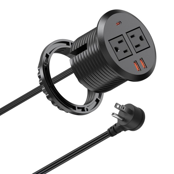 Jgstkcity 30W USB C Desktop Power Grommet,Desk Hole Grommet 3inch,Furniture Desk Recessed Power Outlet,2 Outlets and USB C Fast Charging, Suitable for Side Table,Flat Plug,6ft Cable (Black)