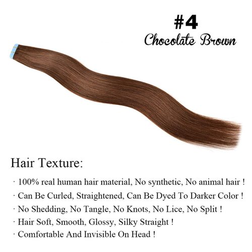 GEELOOK Tape in Hair Extensions Human Hair 14 inch Skin Weft Tape in Straight Thick Natural Hair Extensions with 12 Pieces Replacement Tape 20pcs 50g Chocolate Brown #4