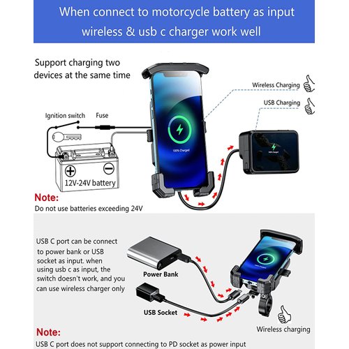 KEWIG Waterproof Motorcycle Phone Mount Qi 15W Wireless & USB C 20W Fast Chargeing Port, Automatically Lock & Quick Release Handlebar Cell Phone Holder for 4-7'' Phones