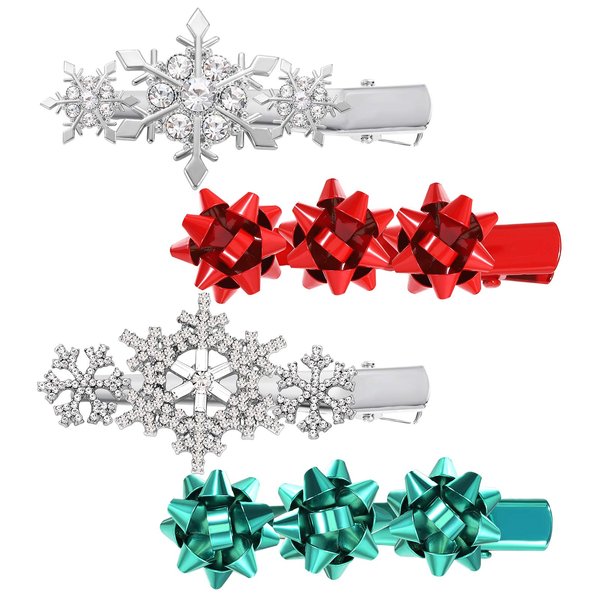 HZEYN Christmas Hair Clips for Women Winter Holiday Wrap Bows Snowflake Hair Clips Hairpin Festive Jewelry Barrette Headwear Accessories (4PACK Snowflake Bows)