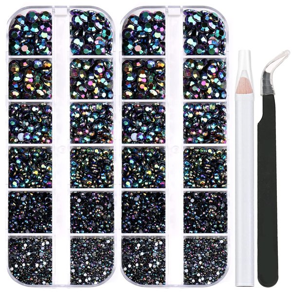 5320 Pieces Flat Back Gems Round Crystal Rhinestones 6 Sizes (1.5-6 mm) with Pick Up Tweezer and Rhinestones Picking Pen for Crafts Nail Face Art Clothes Shoes Bags DIY (BlackAB)