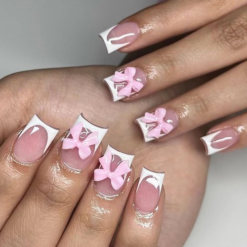 Bows Press on Nails Short Square Fake Nails 3D Resin Bow Charm Glossy Designs Pink Full Cover Glue on Nails Reusable Artificial White French Tip False Nails for Women DIY Manicure Decoration 24Pcs