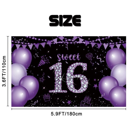 Roetyce Sweet 16 Party Decorations, Black Purple Sweet 16 Banner, 16th Birthday Decorations for Girls, Sweet 16 Birthday Gifts, Purple Happy 16th Birthday Backdrop Background, 16 Years Old Party Decor