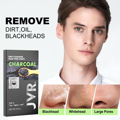 JVR Nose Strips for Blackhead Removal on Oily Skin, Mighty Deep Cleansing Pore Strips, for Pore Unclogging, 10 Count, Features Charcoal & Witch Hazel for All Skin Types