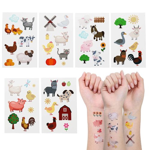 24 Sheets Barnyard Farm Animal Temporary Tattoos, Farm Themed Birthday Decoration Party Favors for Kids,Goody Bag Supplies Gifts