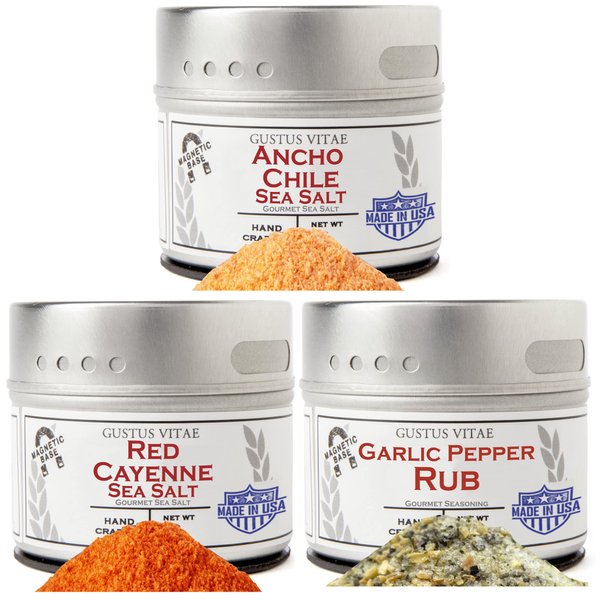 Gourmet BBQ Grilling Salts & Seasoning Collection | Non GMO Project Verified | 3 Magnetic Tins | Gourmet Spice Blends | Crafted in Small Batches by Gustus Vitae | #92